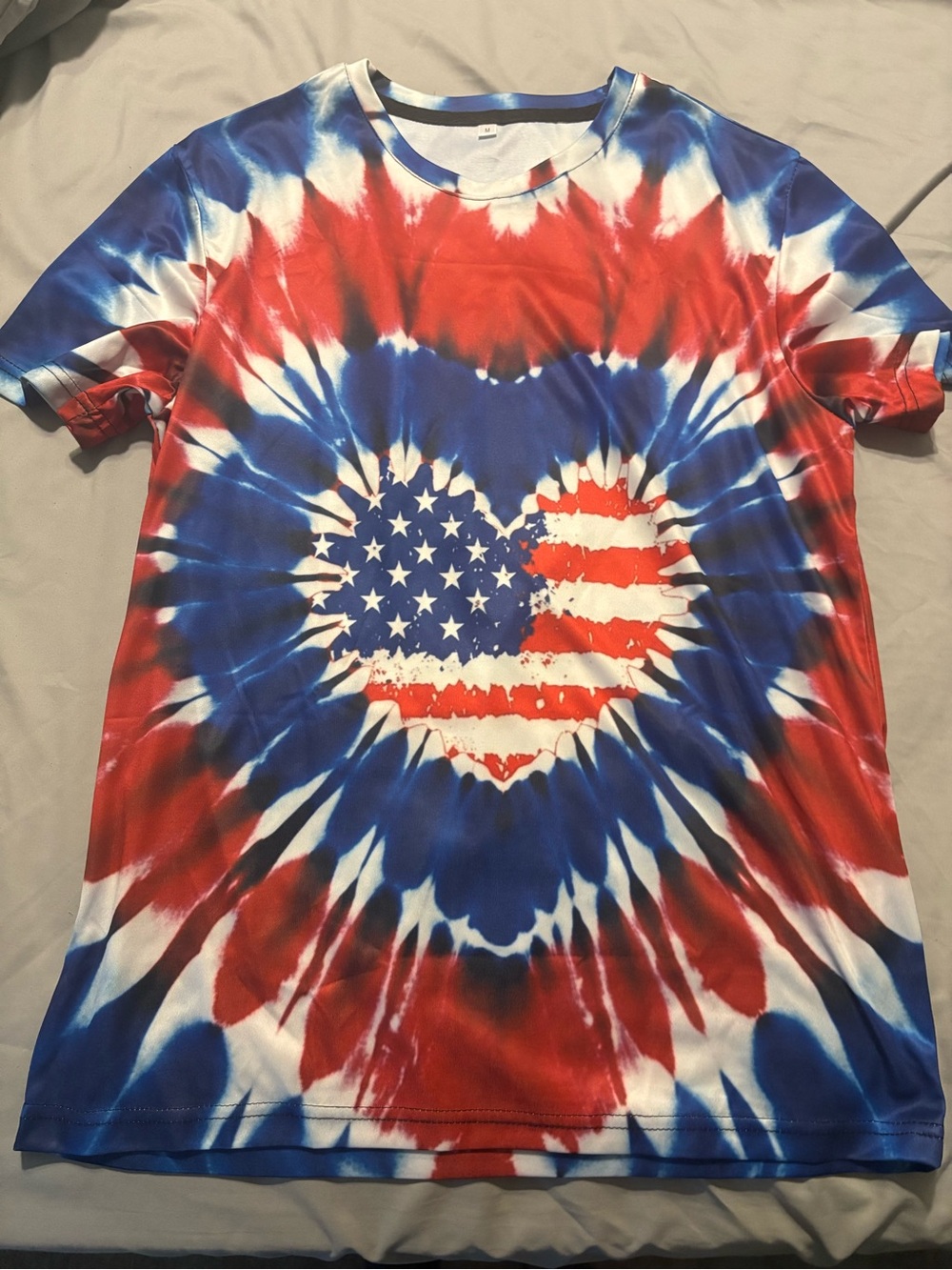 SHEIN Red White and Blue Tie-Dye Short Sleeve Tee with Heart Flag